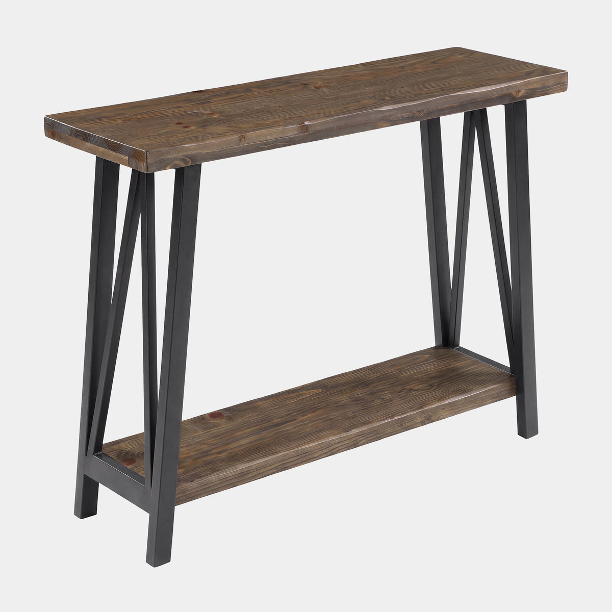 160cm Console Table, Industrial 2-Tier Live Edge Wood Top & Metal Frame for Hallway