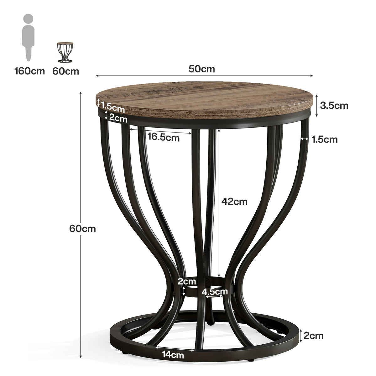 50cm Round Side Table, Industrial End Table with Curved Metal Frame