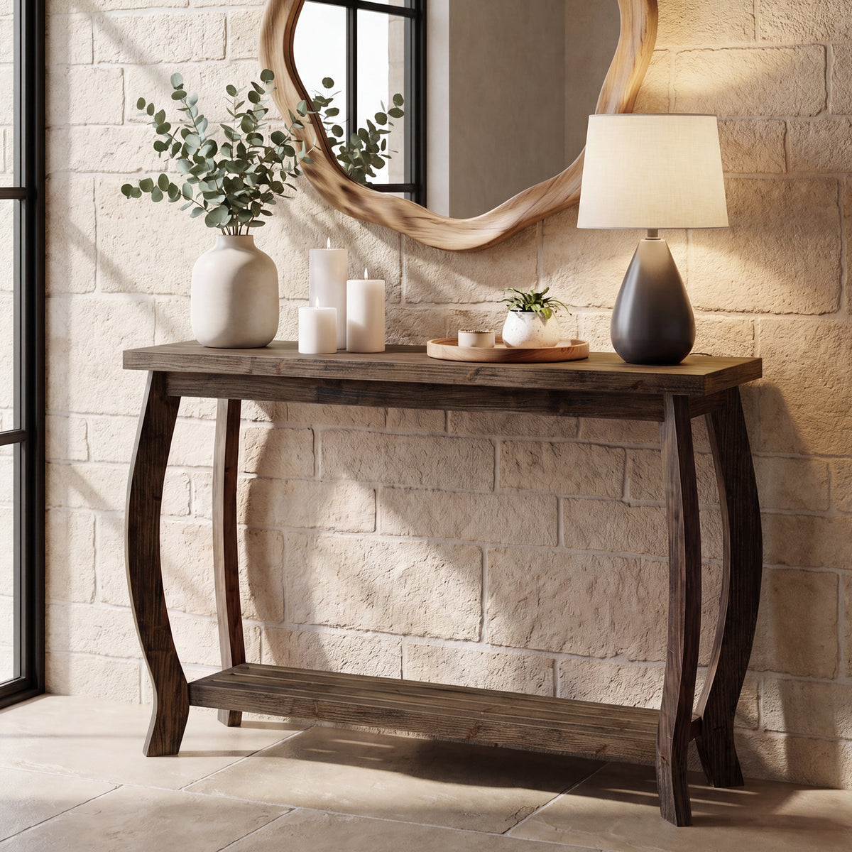 105cm Console Table, Solid Wood Farmhouse Entryway Table with Curved Legs & Shelf