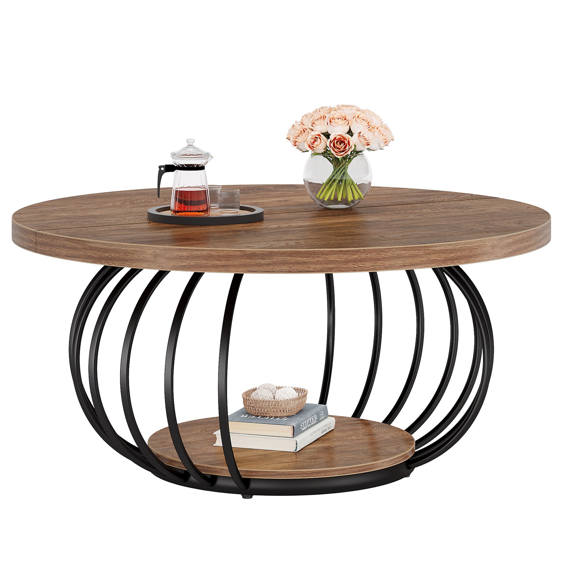 39" Round Coffee Table - 2-Tier Industrial Cocktail Table with Metal Frame, Rustic Brown & Black