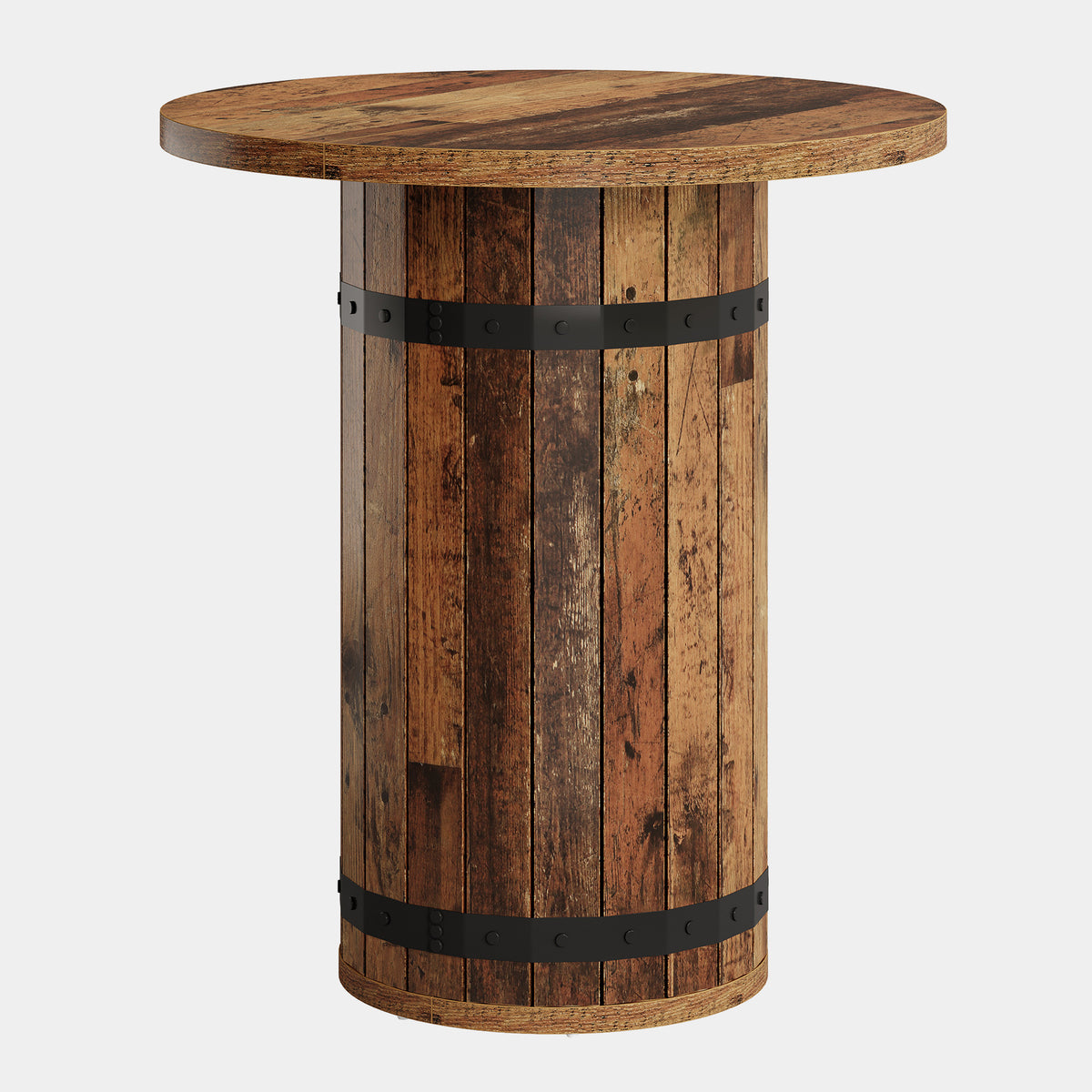 100cm Round Bar Table, Rustic Pub Table with Barrel Base for Kitchen Living Room