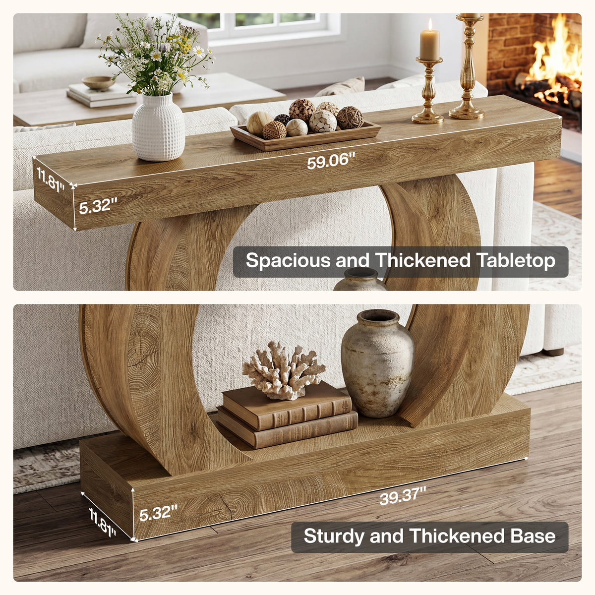 Rustic console table, 150 x 30 x 85 cm, with an open, round base,narrow two-tier hall table for hallways and living rooms