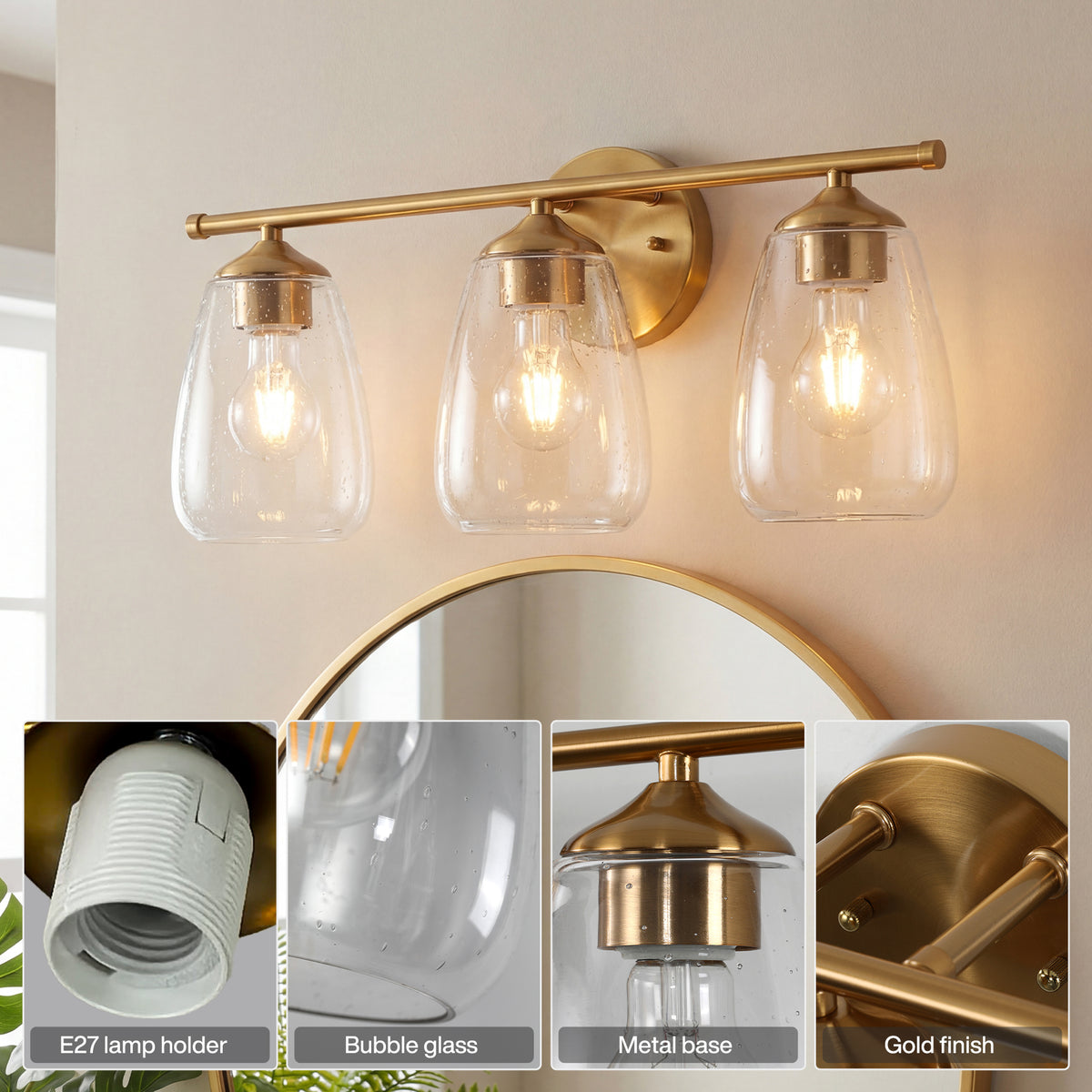 3-Light Gold Bathroom Vanity Light, Clear Glass Wall Sconce
