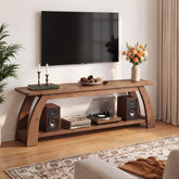 160cm TV Stand, 2-Tier Solid Wood Entertainment Centre with Open Storage for up to 75" TVs 3