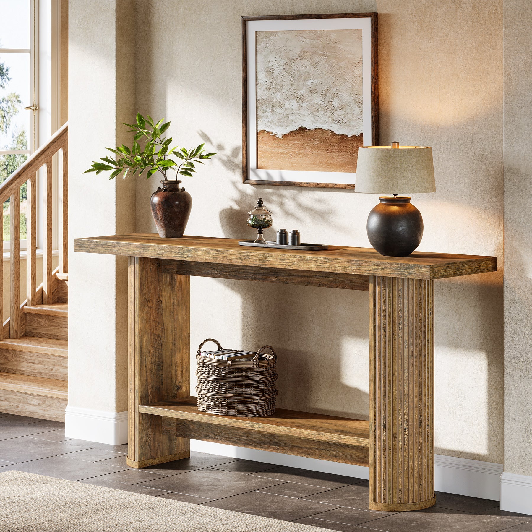 55" Narrow Console Table with Storage Shelf, Rustic Entryway Sofa Table