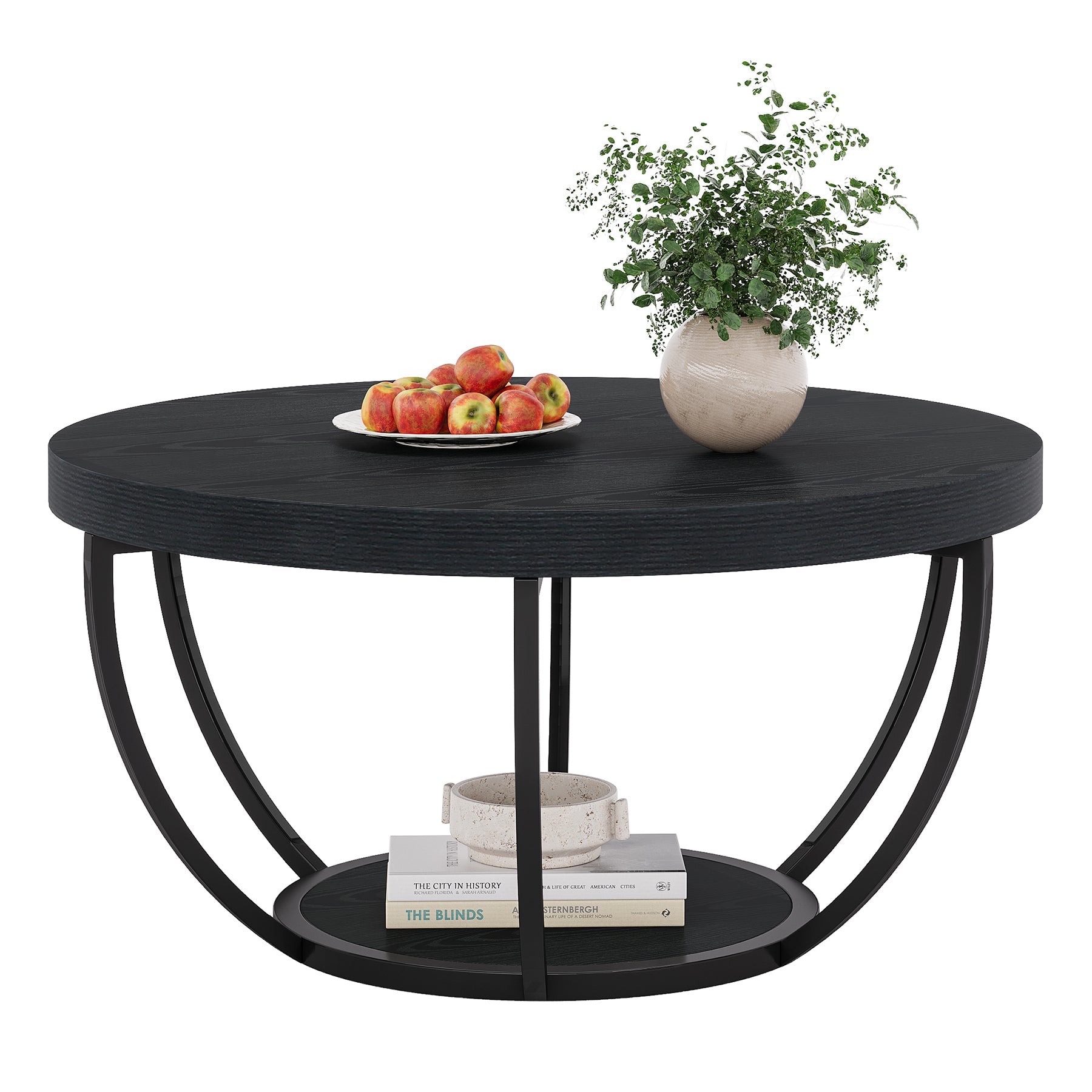 31.69" Round Wooden Coffee Table, 2-Tier Central Cocktail Table with Shelves
