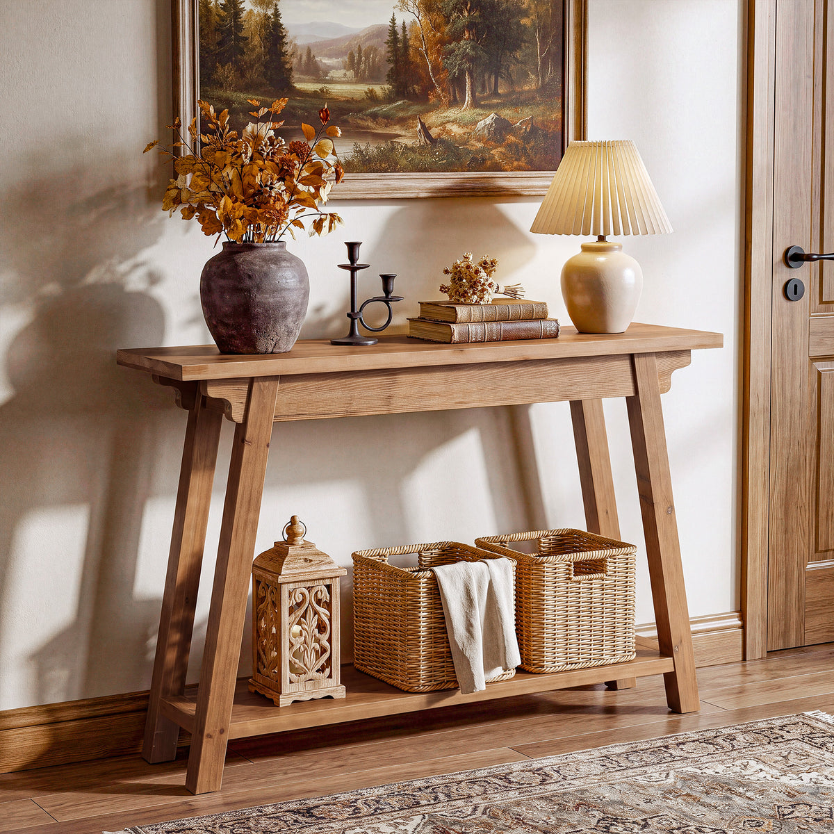 105cm Console Table, 2-Tier Solid Wood Farmhouse Entryway Table with A-Frame