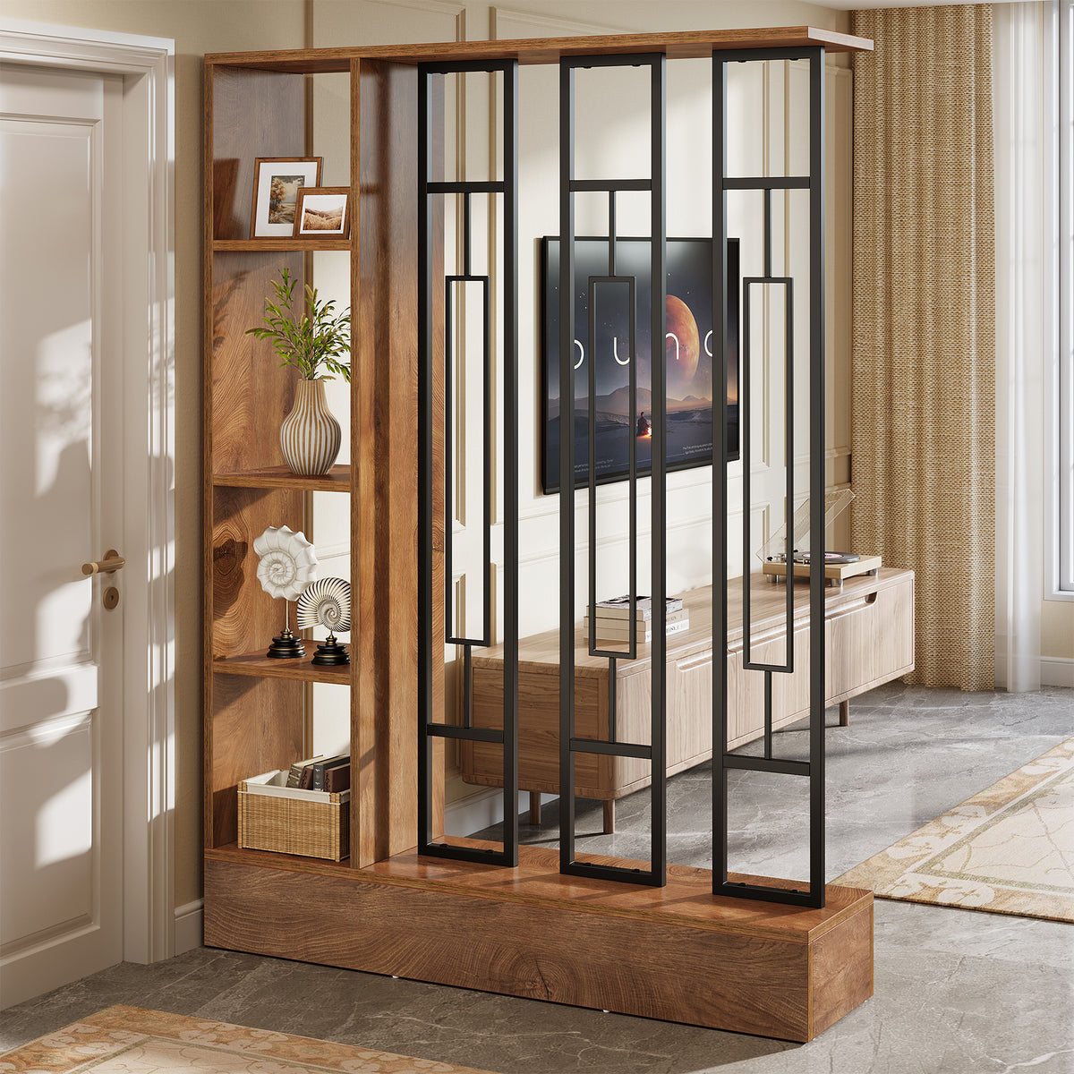 180cm Room Divider, Freestanding Display Shelf with Metal Frame