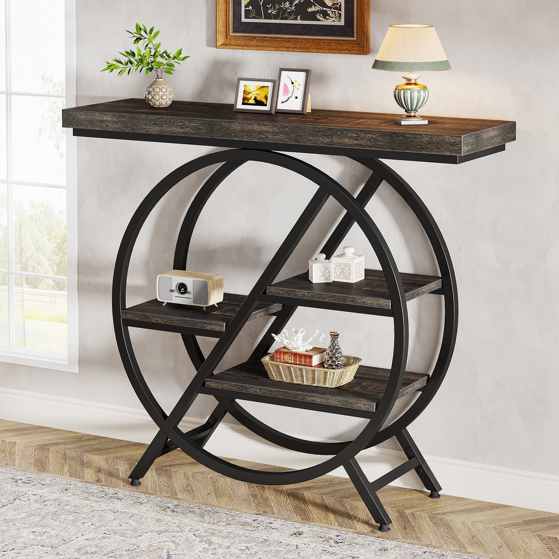 39.4" 4-Tier Console Table, Entryway Table with Geometric Metal Frame