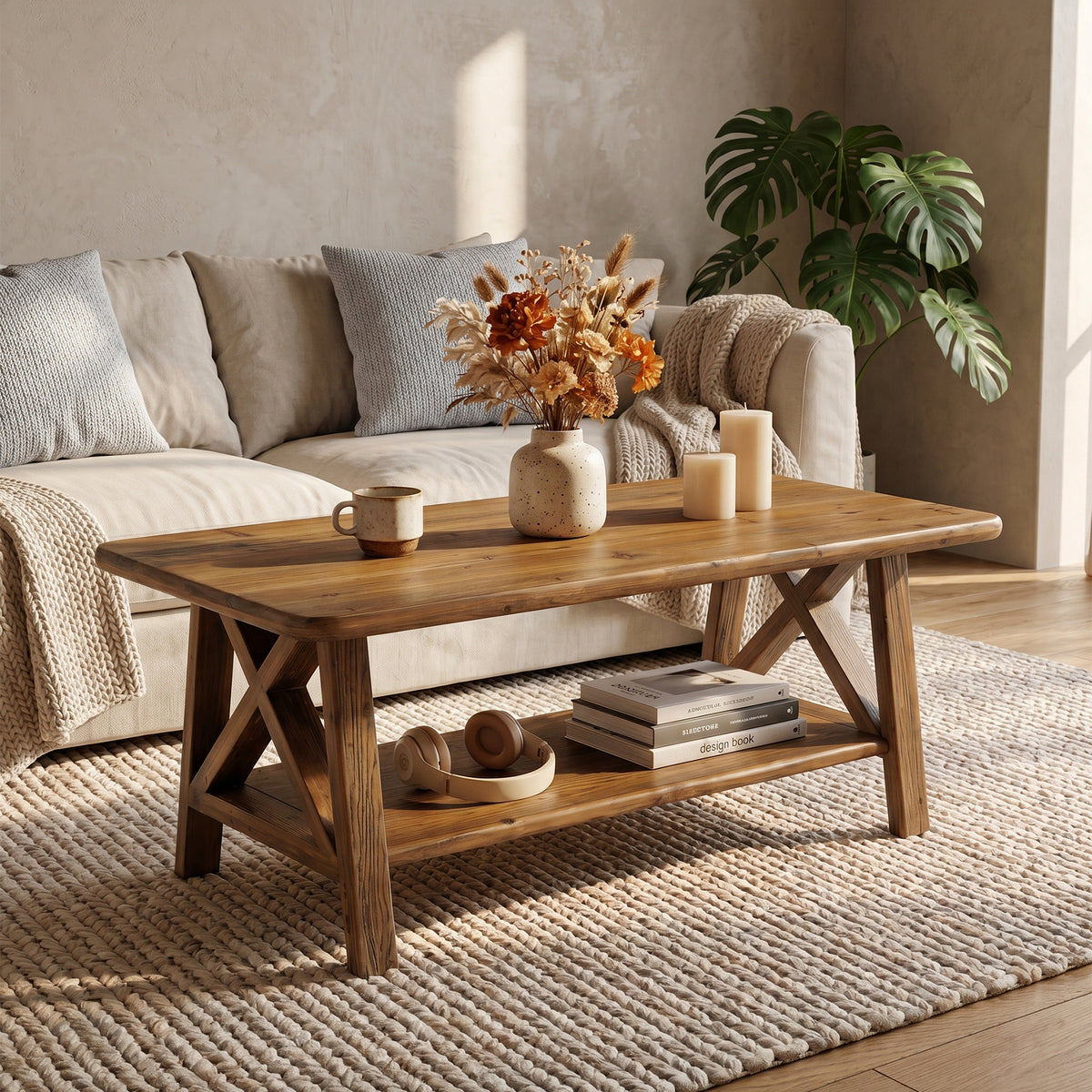 120cm Rectangular Coffee Table, Country Solid Wood with Storage Shelf for Living Room