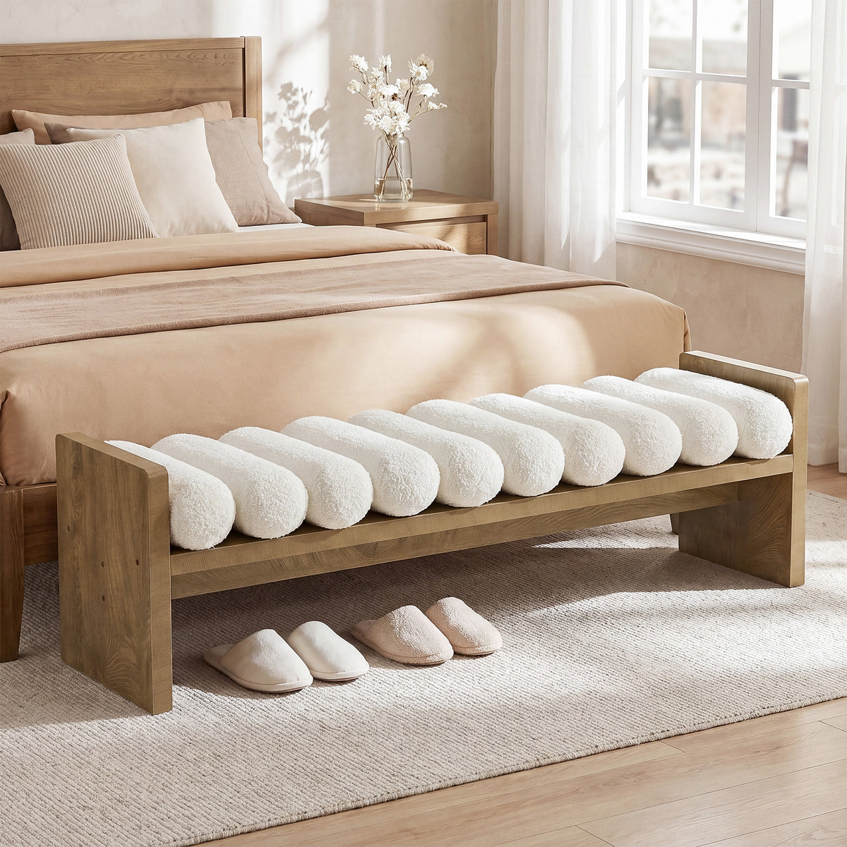 150cm Entryway Bench, Upholstered Boucle Cushion End of Bed Bench for Hallway