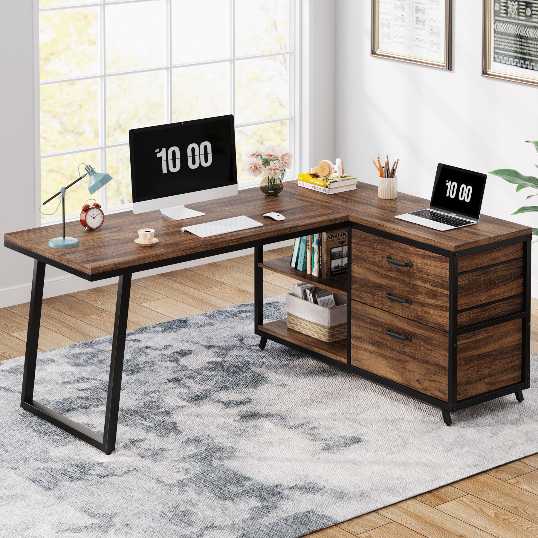 53" Reversible L-Shaped Computer Desk with 3 Drawers and Shelves