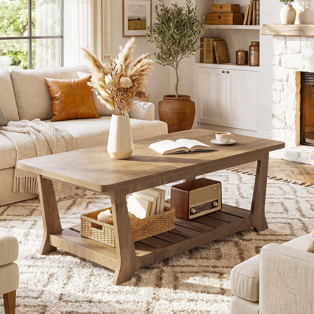 120cm Rectangle Coffee Table, Farmhouse Centre Table with Shelves for Living Room