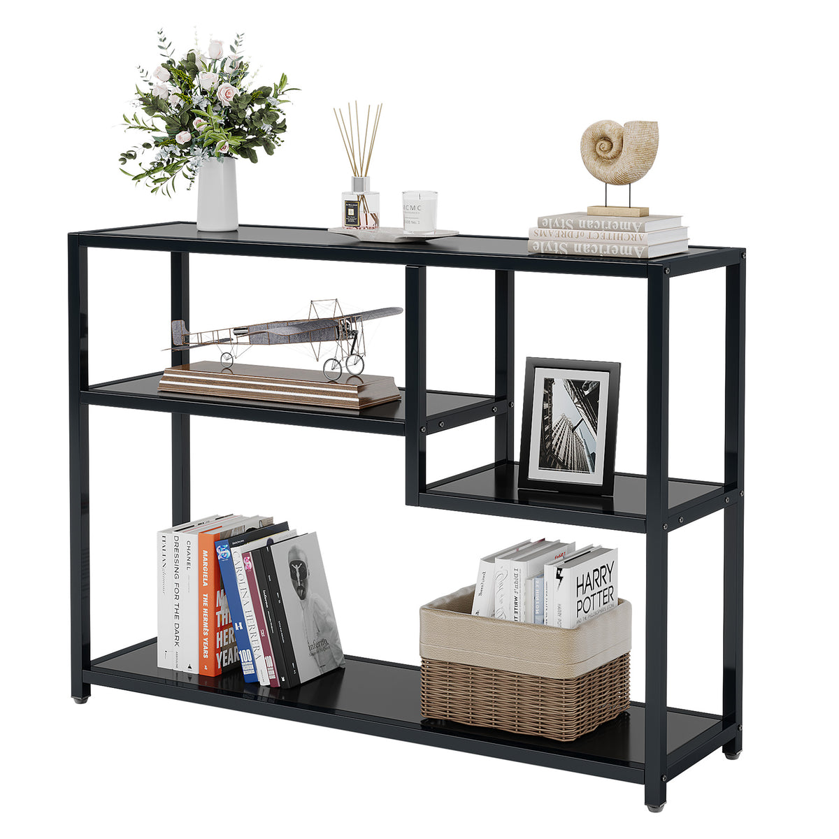 110cm Console Table, 4-Tier Black Entryway Storage Shelf with Metal Frame