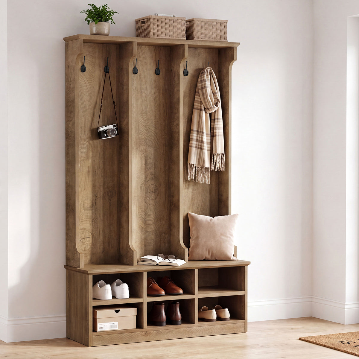 180cm Hall Tree, 3-in-1 Entryway Coat Rack with Shoe Bench & Storage