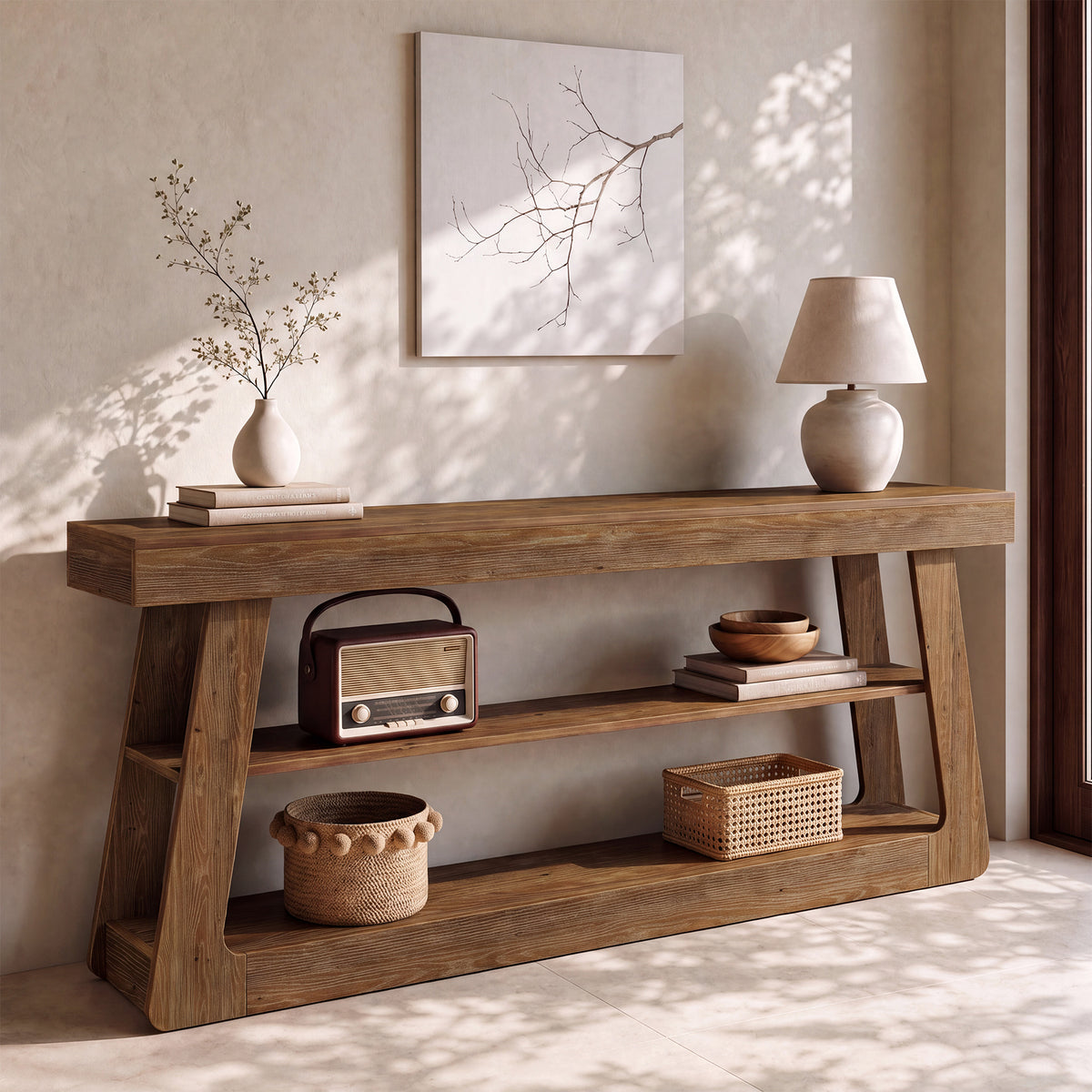 160cm Console Table, Solid Wood 3-Tier Entryway Table with A-Shaped Frame