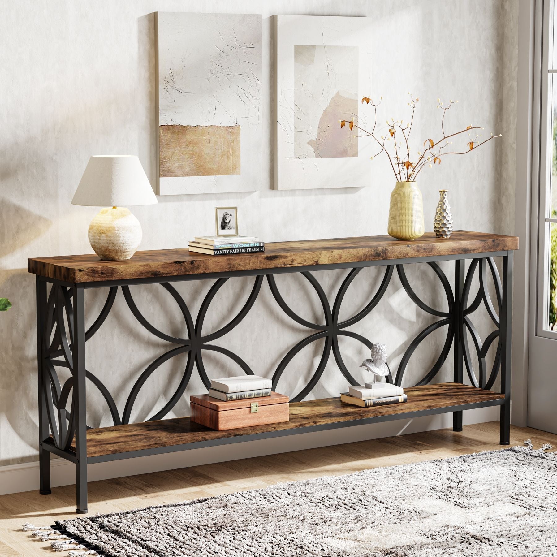 63" Industrial Console Table, Narrow Sofa Table with Storage Shelf