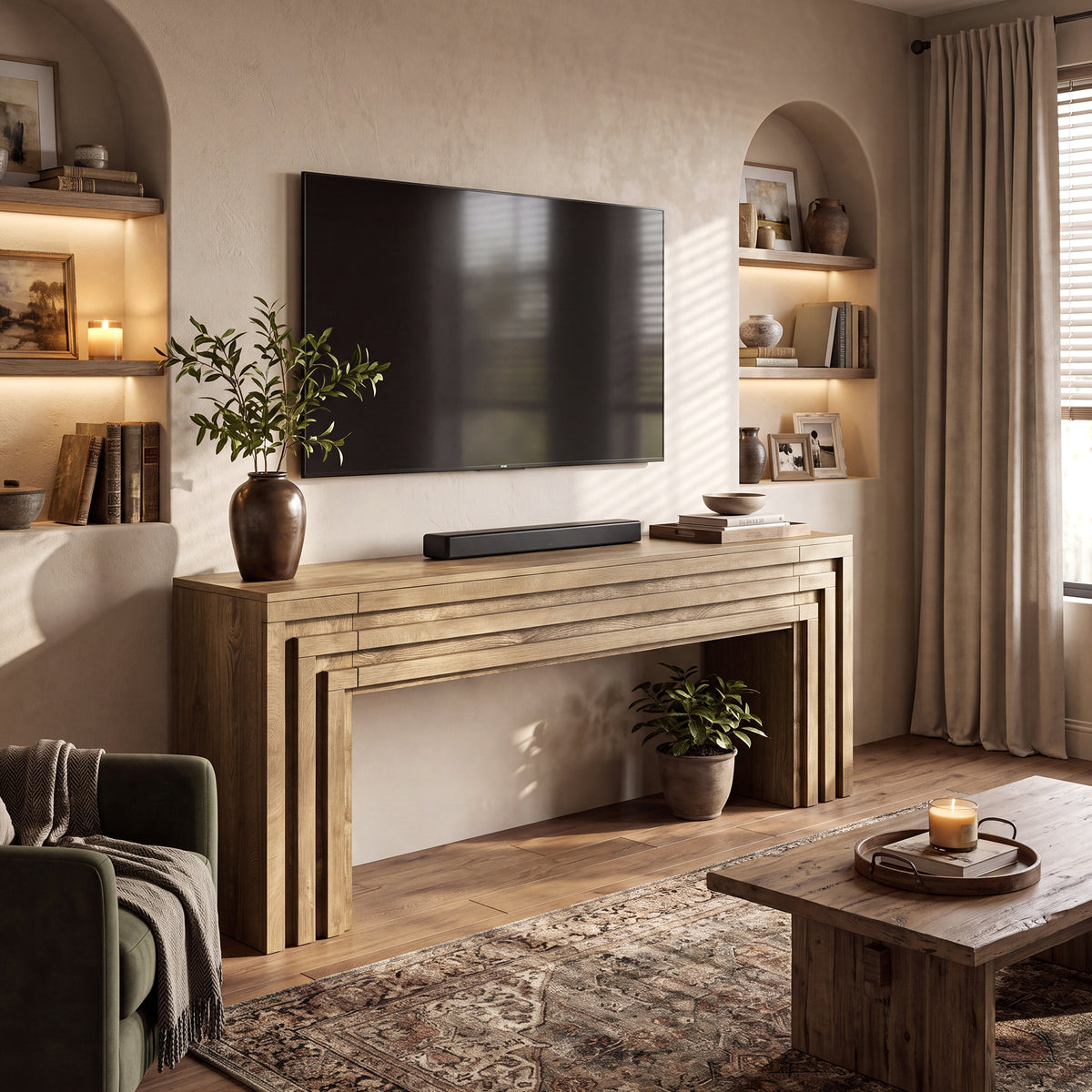 160cm TV Stand, Farmhouse Console with Hidden Cabinets for Living Room