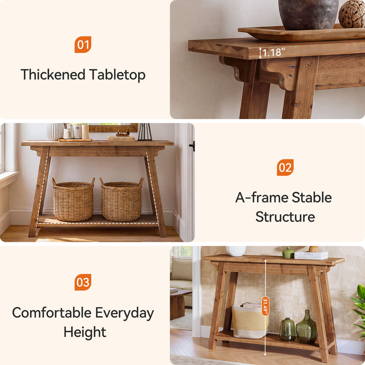 105cm Console Table, 2-Tier Solid Wood Farmhouse Entryway Table with A-Frame