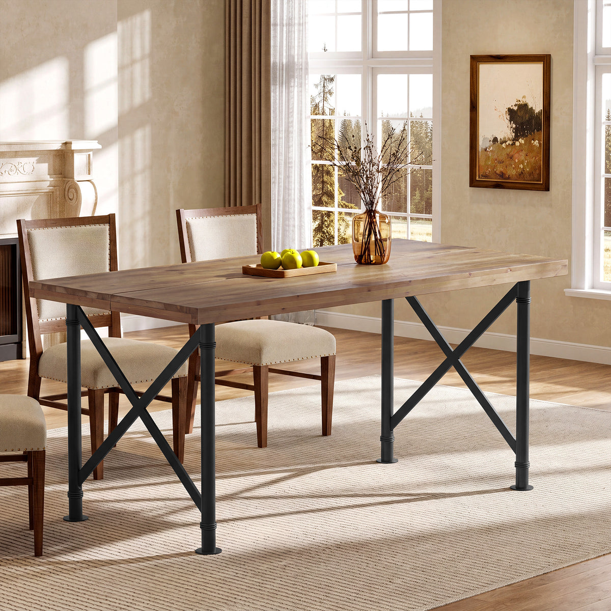 160cm Dining Table, Solid Wood 4-6 Seater with X-Frame Metal Legs