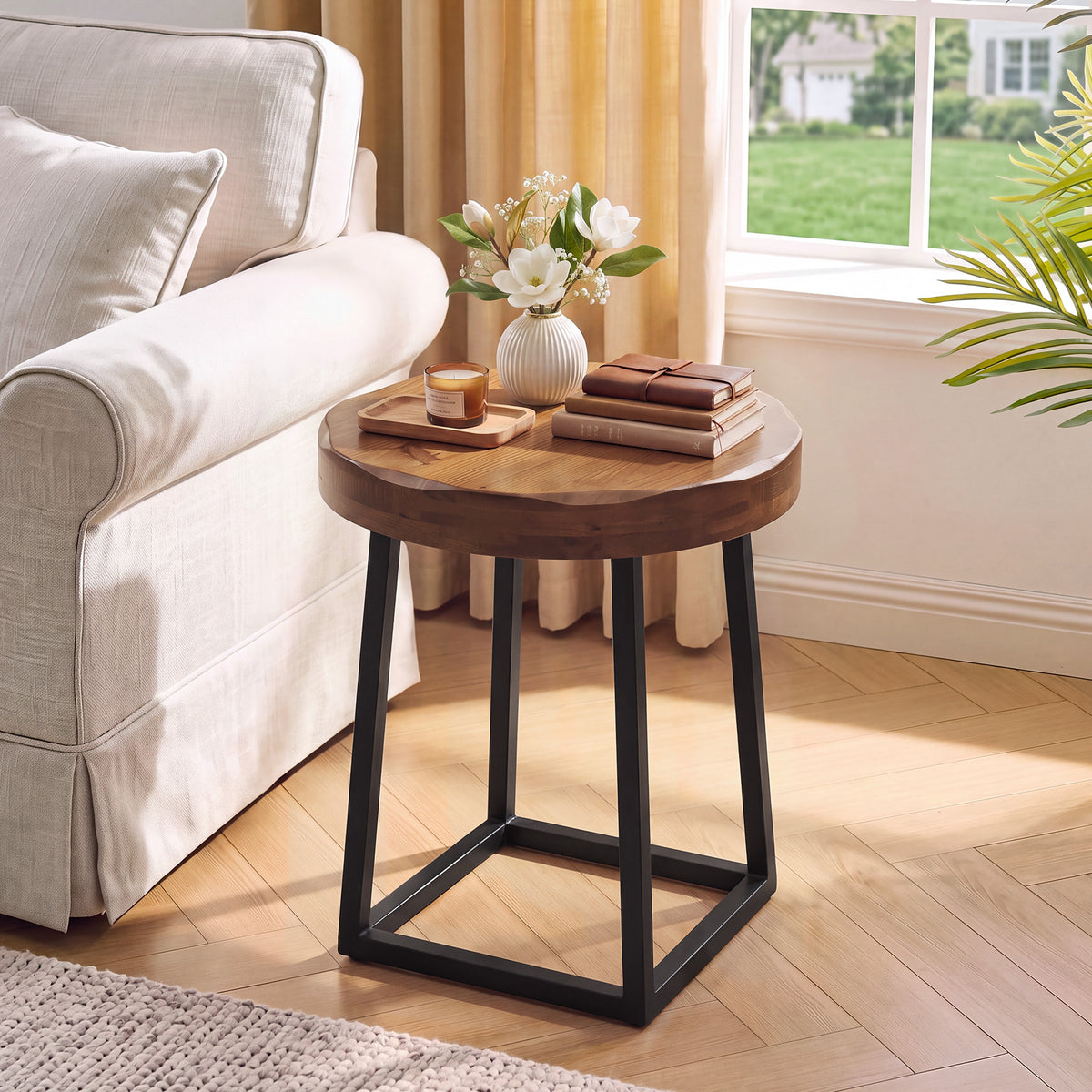 50cm Round End Table, Solid Wood Live Edge Side Table with Metal Base for Living Room