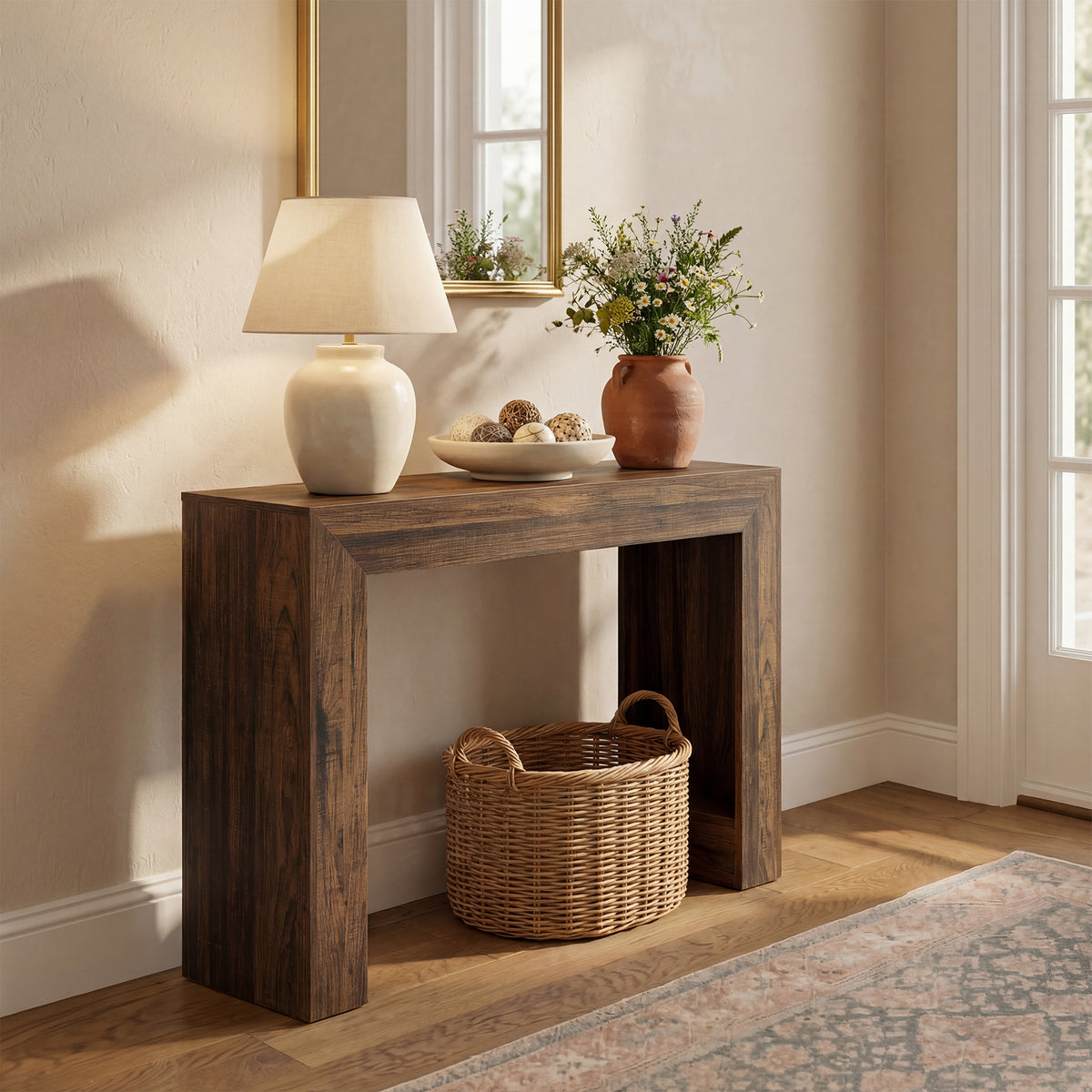 105cm Console Table, Wood-Look Entryway Table with Double Pedestal Base