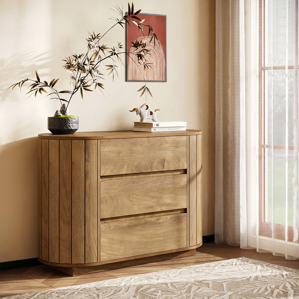 90cm Chest of Drawers, Modern Oak Effect 3-Drawer Cabinet with Slatted Sides