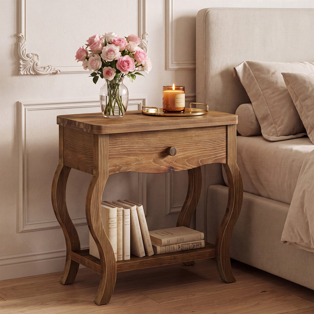 61cm Nightstand, Rustic Solid Wood Bedside Table with Drawer & Shelf