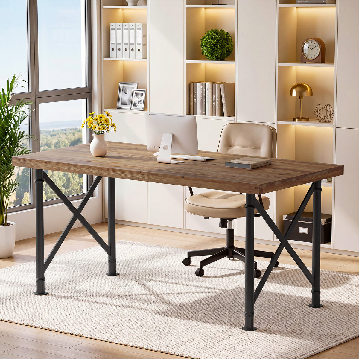 160cm Computer Desk, Solid Wood with X-Frame Metal Base for Home Office
