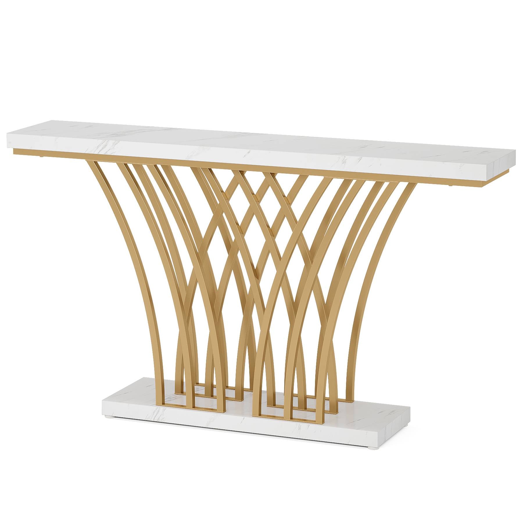 59" Gold Console Table, Modern Entryway Table with Grid-Shaped Metal Base for Entrance