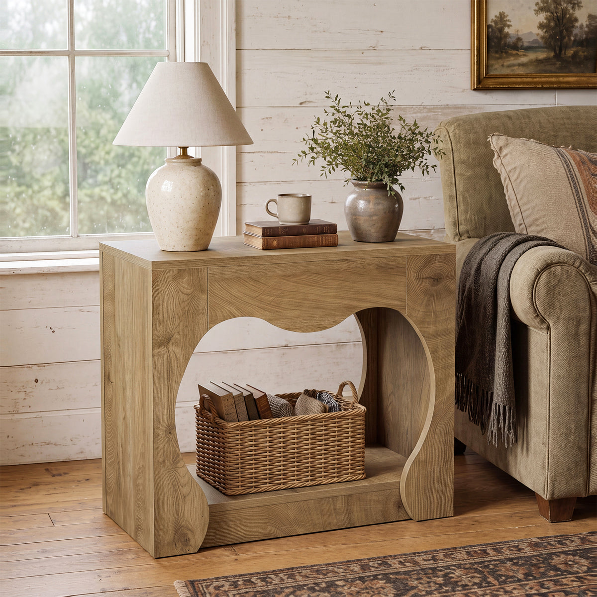 60cm End Table, 2-Tier Farmhouse Side Table with Storage Shelves & Curved Arch