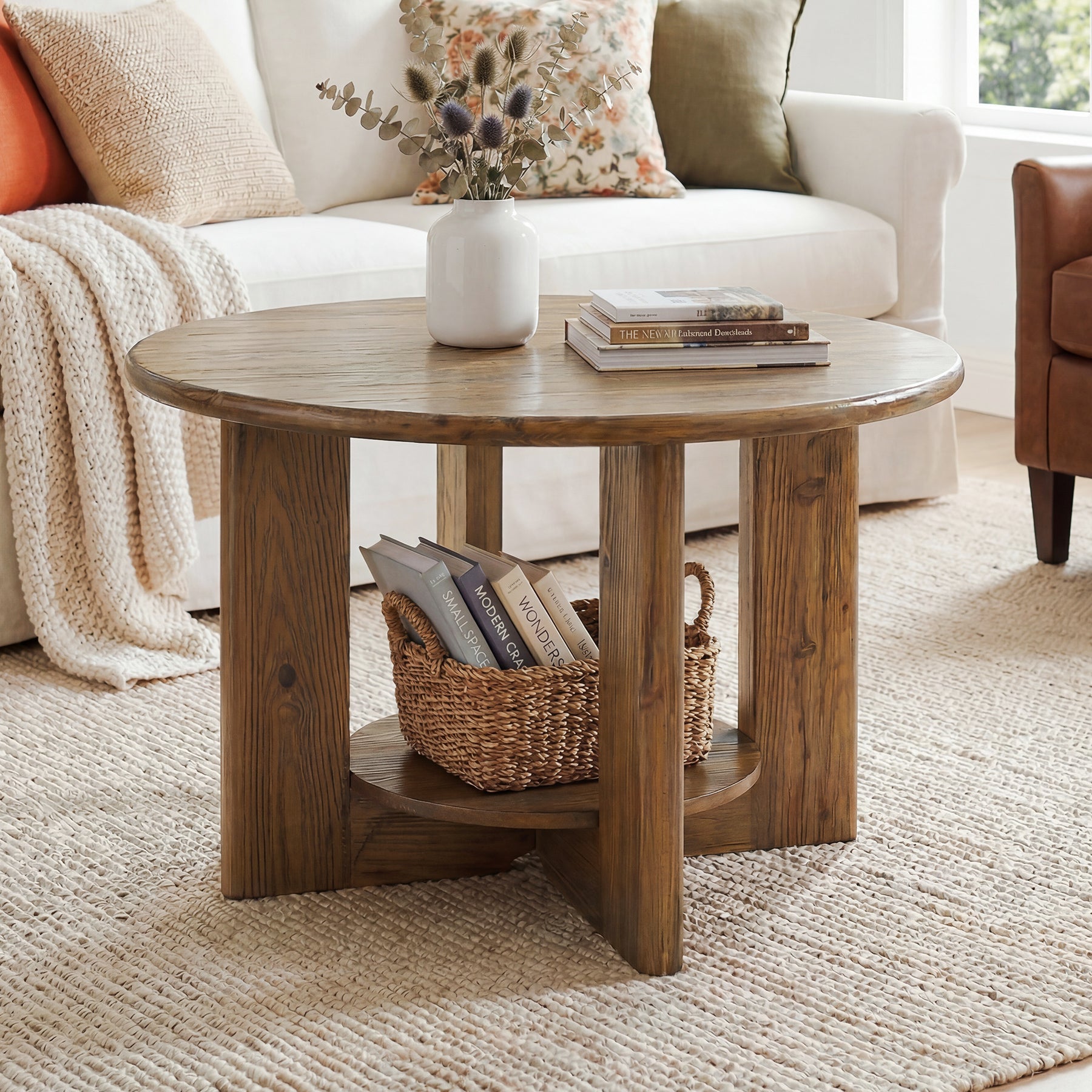 80cm Solid Wood Round Coffee Table, 2-Tier Accent Center Table with Storage