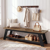 160cm Entryway Bench, Farmhouse Wooden Shoe Storage Bench with Shelf for Hallway 3