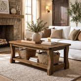 47" Solid Wood Coffee Table, Farmhouse 2-Tier Living Room Center Table, Dark Brown 3