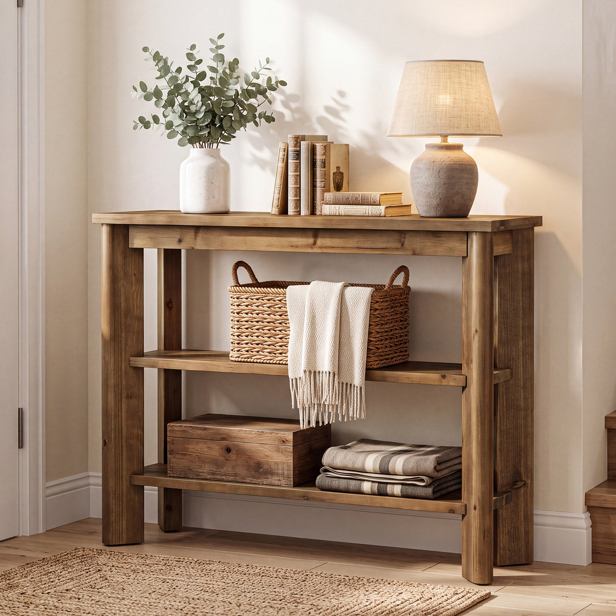 104cm Console Table, 3-Tier Solid Wood Entryway Sofa Table