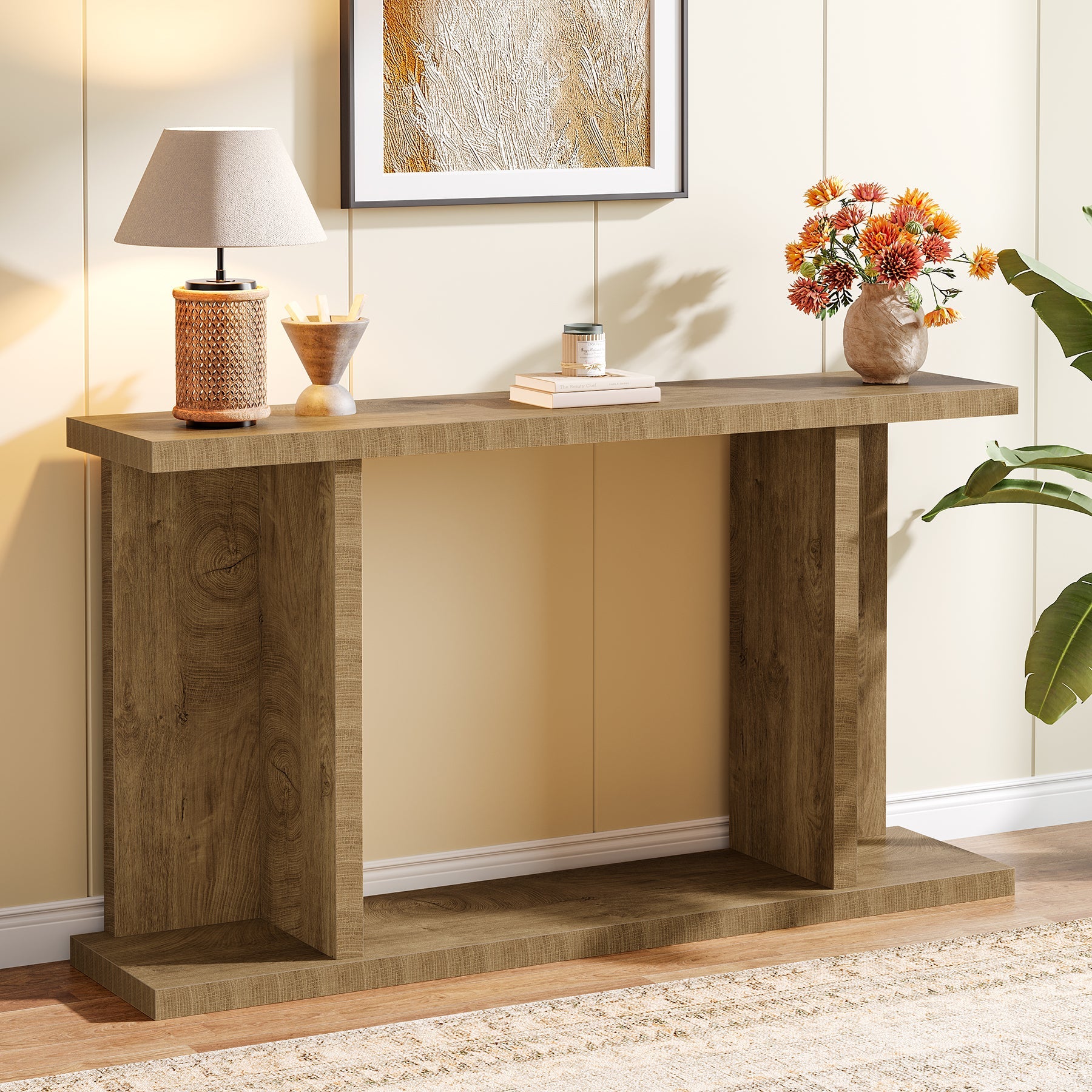 140cm Console Table, 2-Tier Farmhouse Entryway Sofa Table Behind Couch