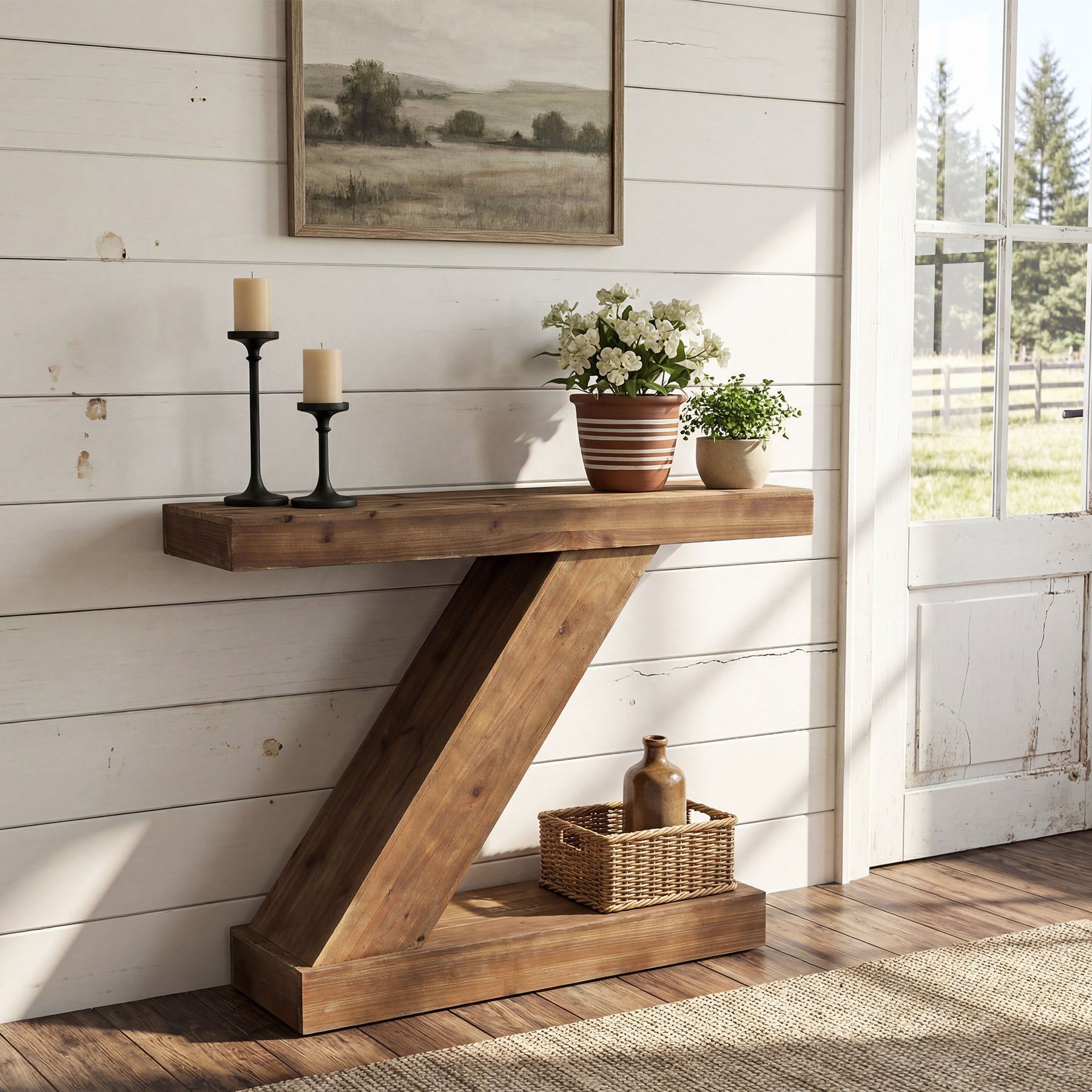 105cm Solid Wood Z-Shape Console Table, Modern Narrow Entryway Sofa Table for Living Room or Hallway