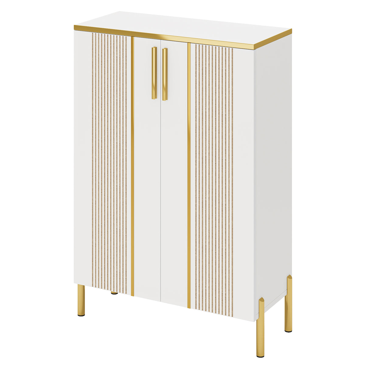100cm Shoe Cabinet, White 6-Shelf Storage Cabinet with Gold Accents