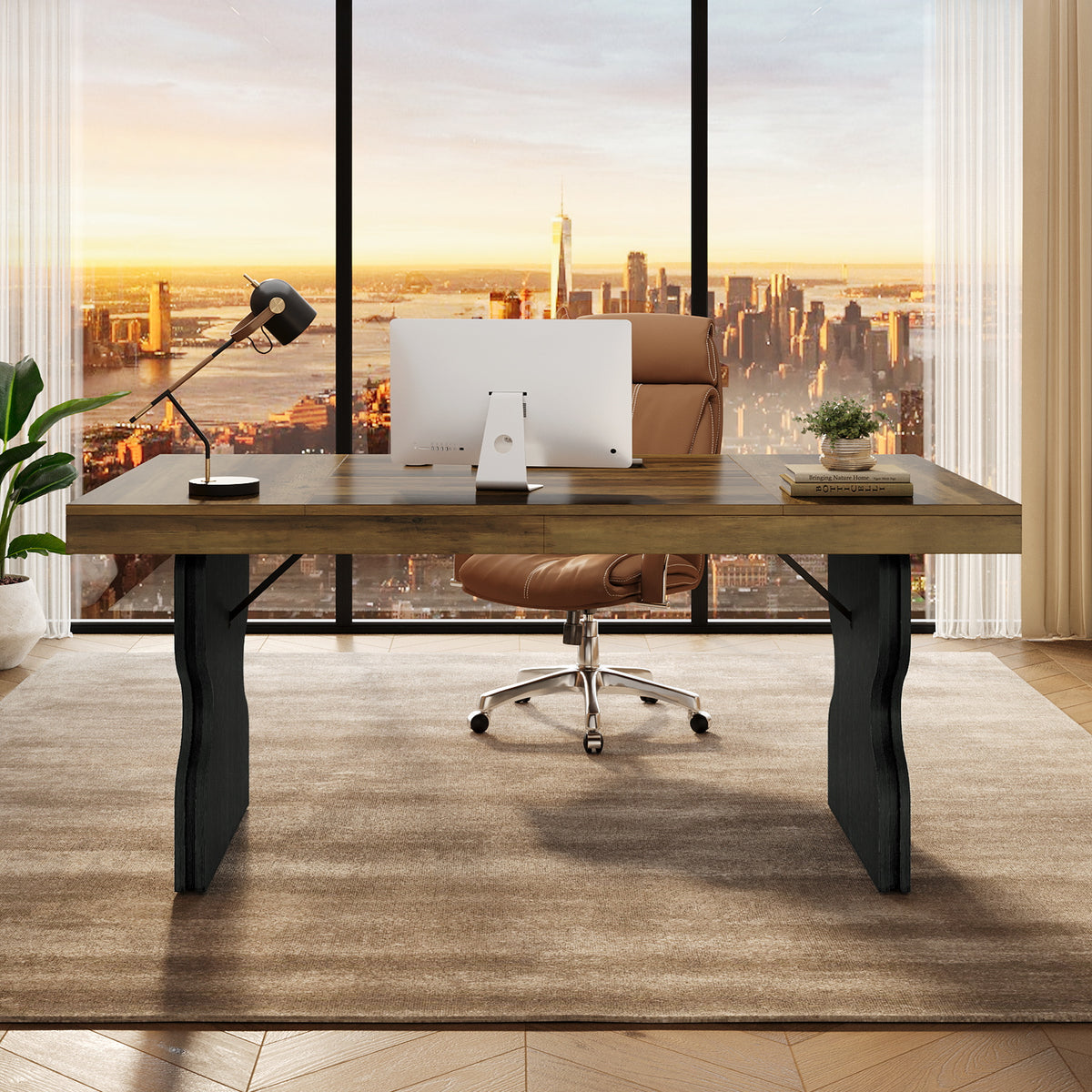 160cm Executive Desk, Farmhouse Wooden Home Office Desk with Hourglass Legs