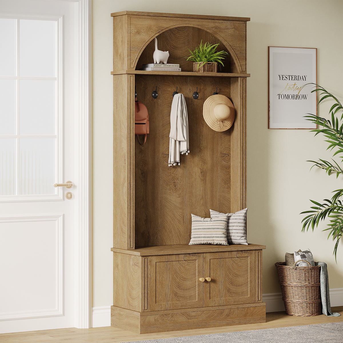 180cm Hall Tree, 4-in-1 Entryway Coat Rack with Shoe Bench & Storage Cabinet