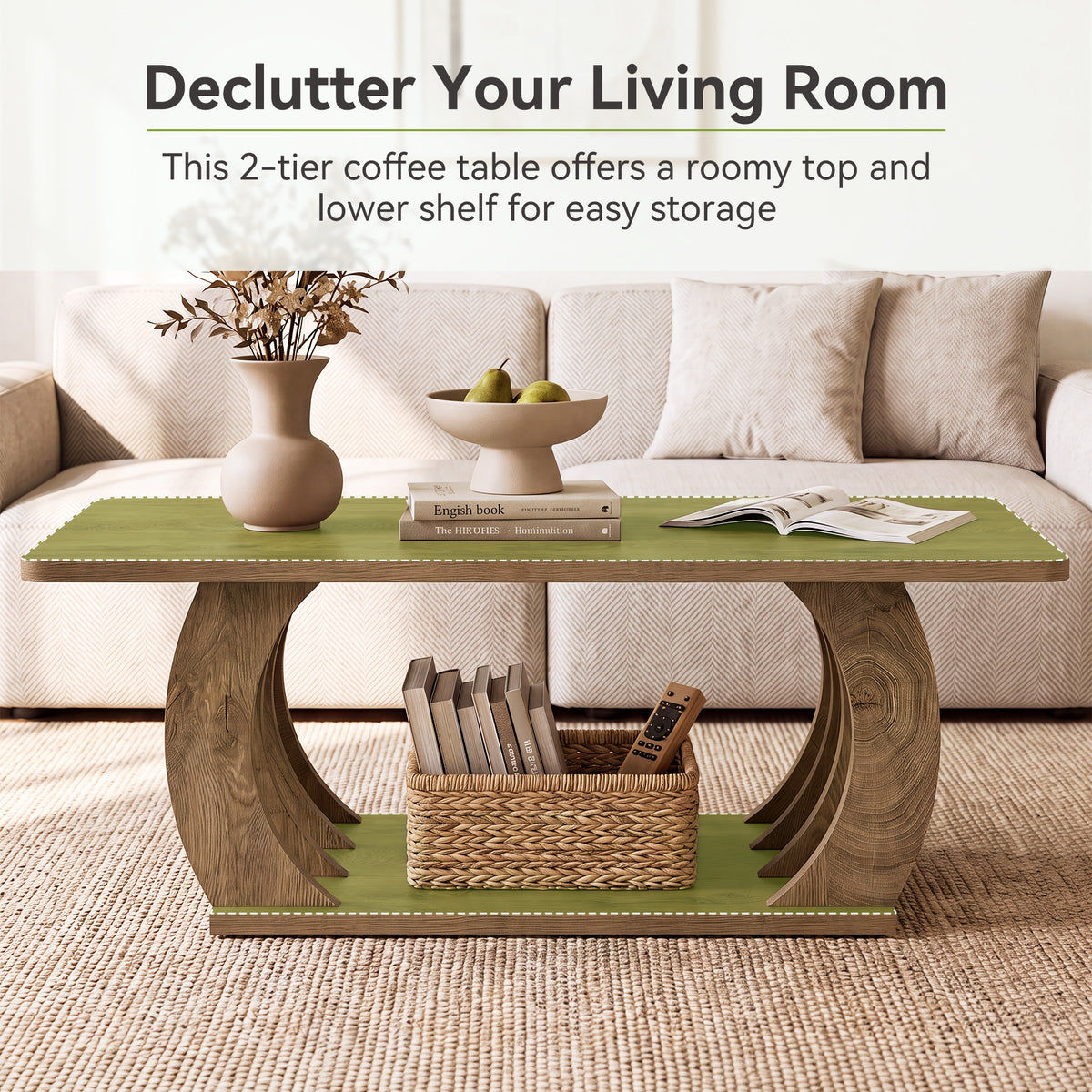 Tribesigns 120cm Farmhouse Coffee Table, 2-Tier Center Table with Storage