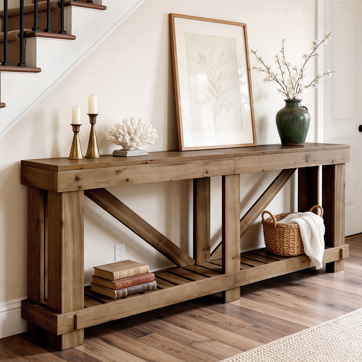 200cm Console Table, Solid Wood Narrow Sofa Table with Open Slatted Shelf for Entryway