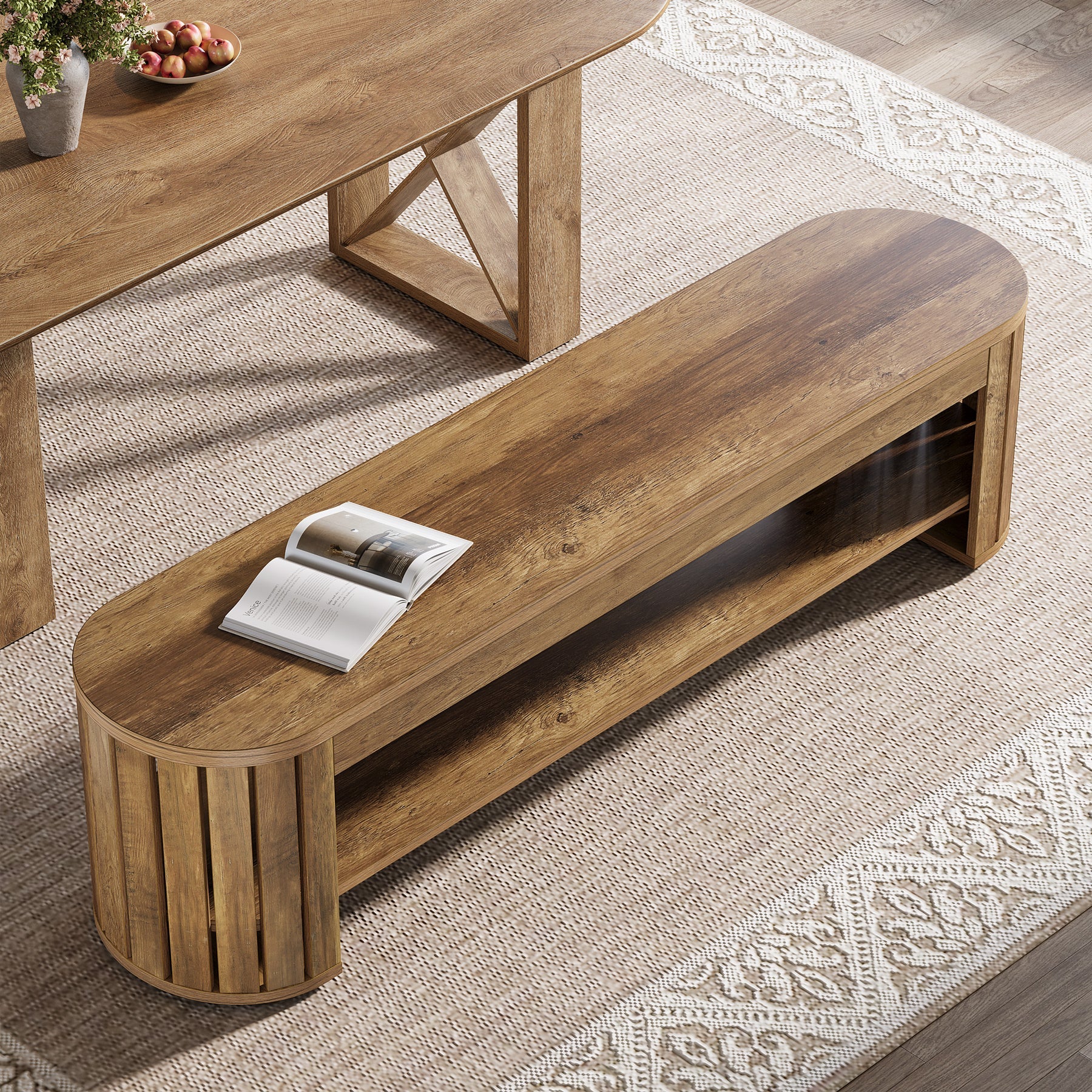 63" Wooden Dining Bench with Arc Slat Legs, Farmhouse Bench for Dining Room