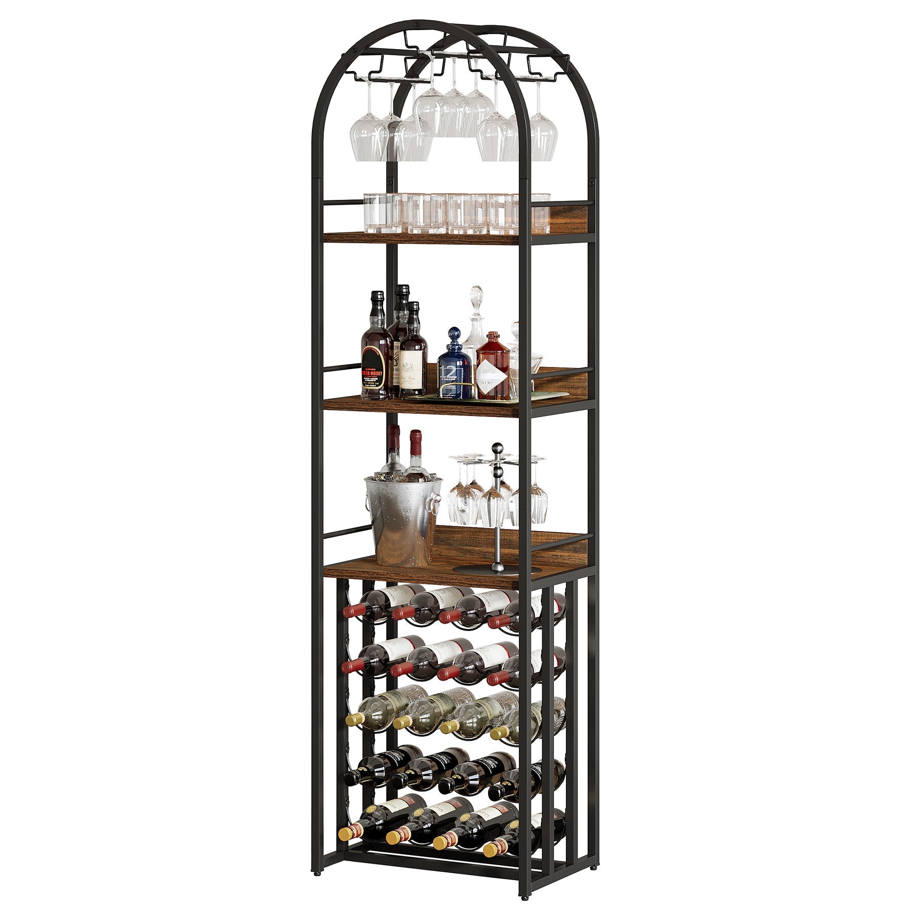 72.04" Tall Wine Rack with Glass Holder, Industrial Metal Wine Storage Stand with Tabletop