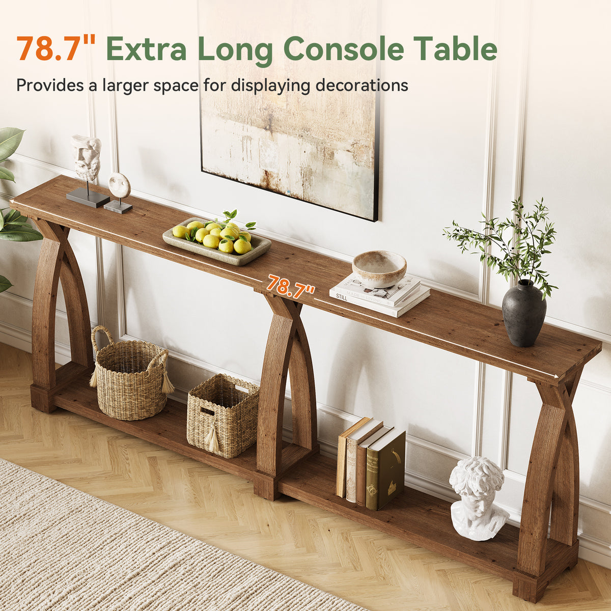 200cm Console Table, Solid Wood 2-Tier Narrow Hallway Table