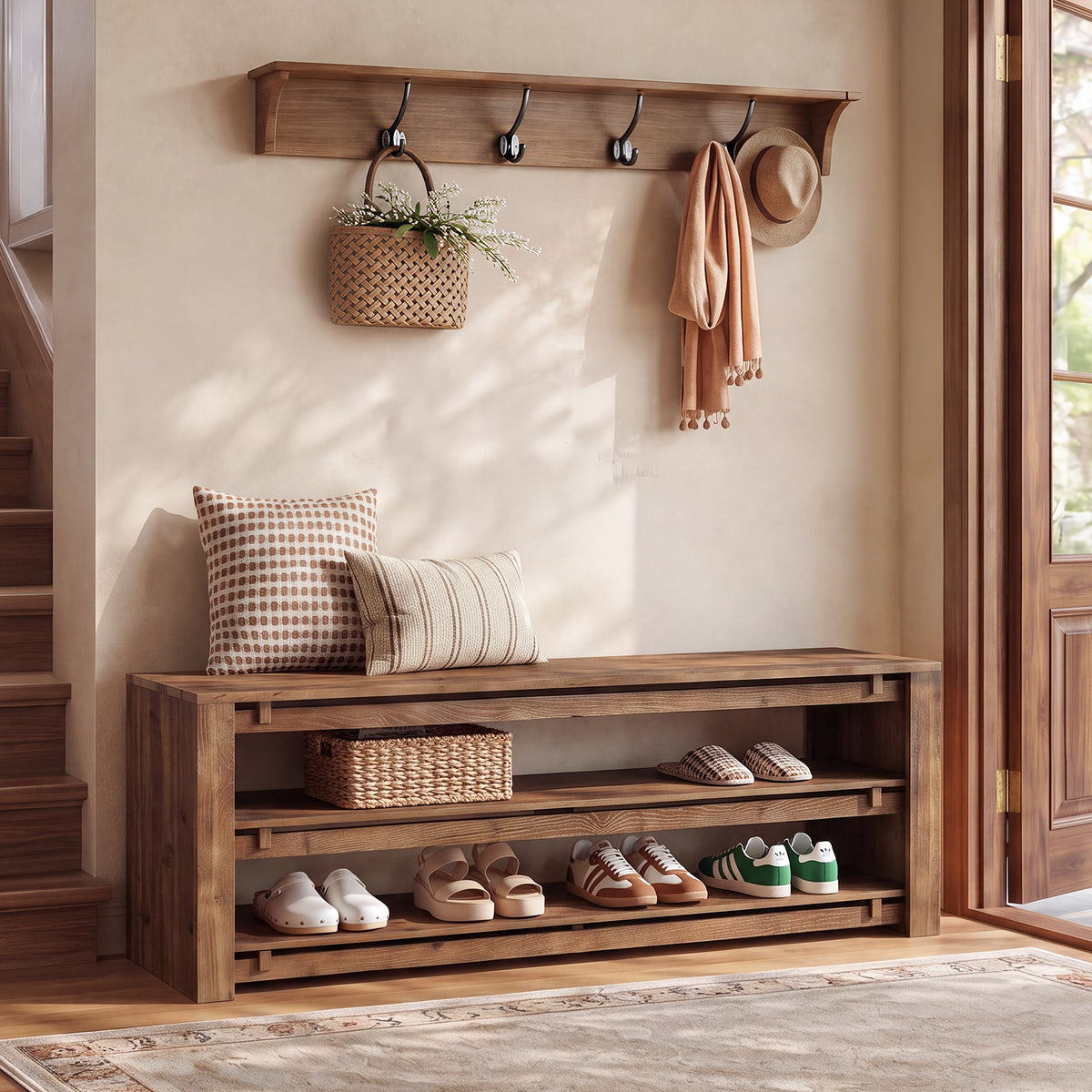 160cm Entryway Bench, 3-Tier Solid Wood Shoe Bench with Storage for Hallway Bedroom