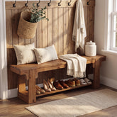 160cm Entryway Bench, Natural Solid Wood 2-Tier Open Shoe Storage for Hallway 3