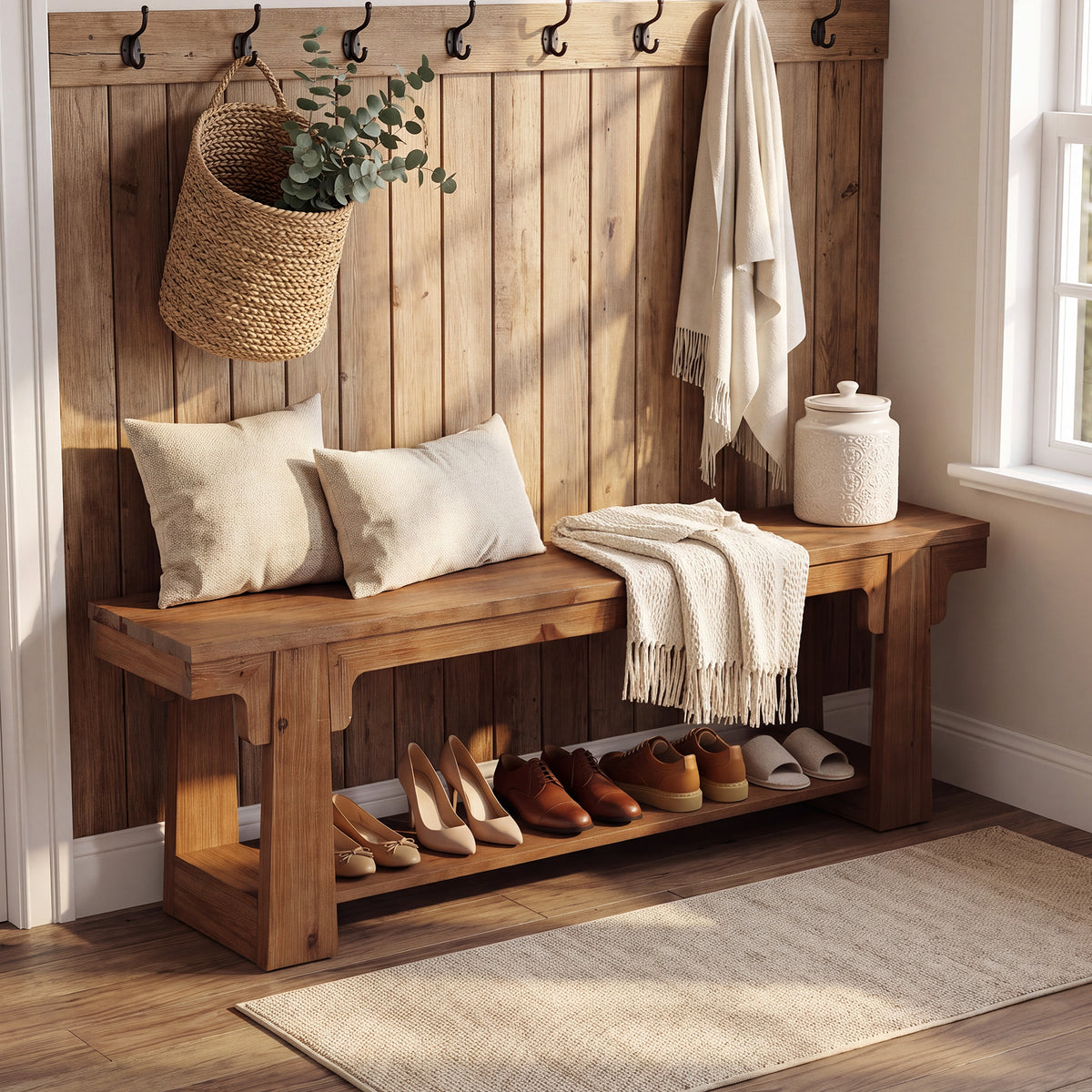 160cm Entryway Bench, Natural Solid Wood 2-Tier Open Shoe Storage for Hallway