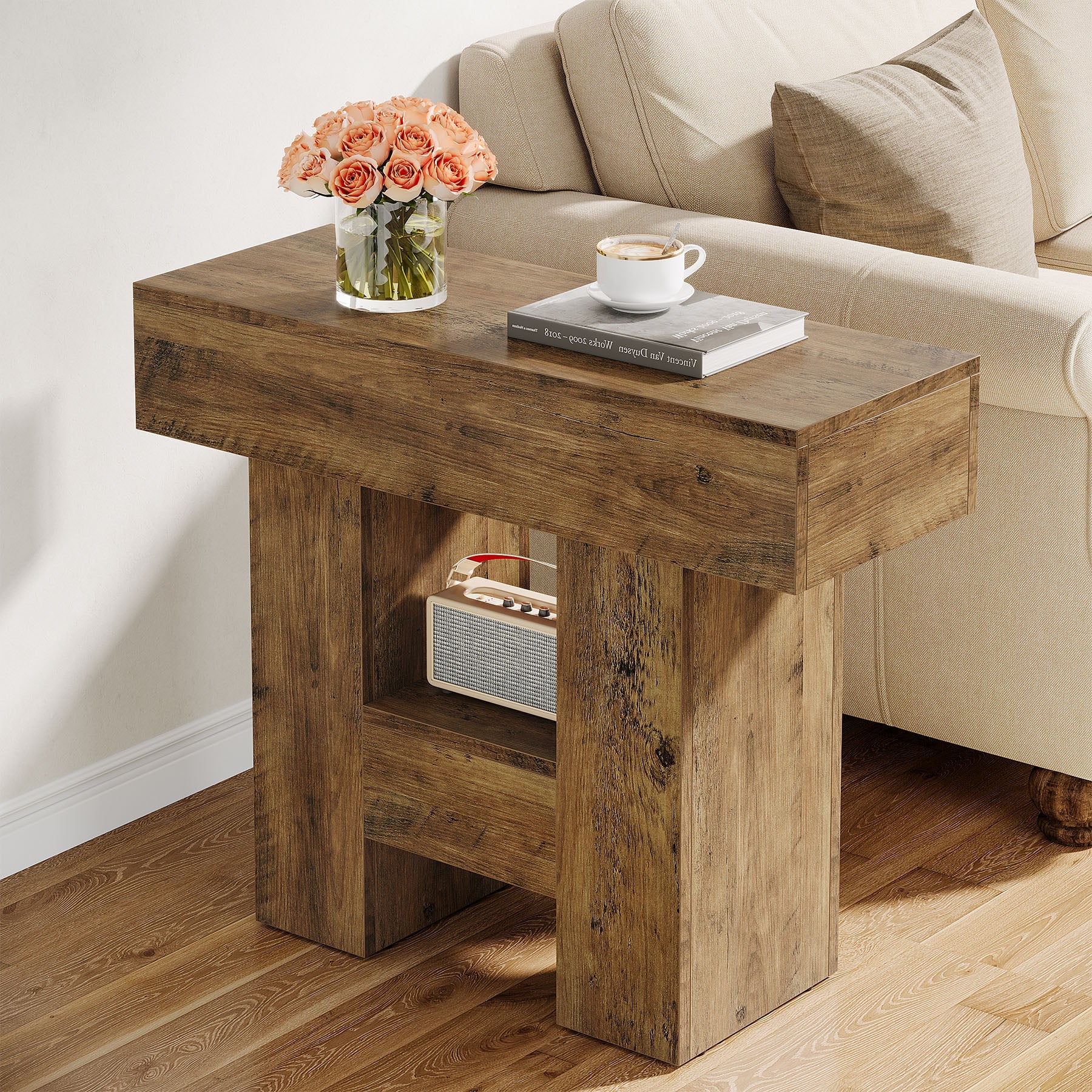 23.6" Farmhouse Narrow End Table with 2-Tier Storage Shelf, Sofa Side Table for Living Room