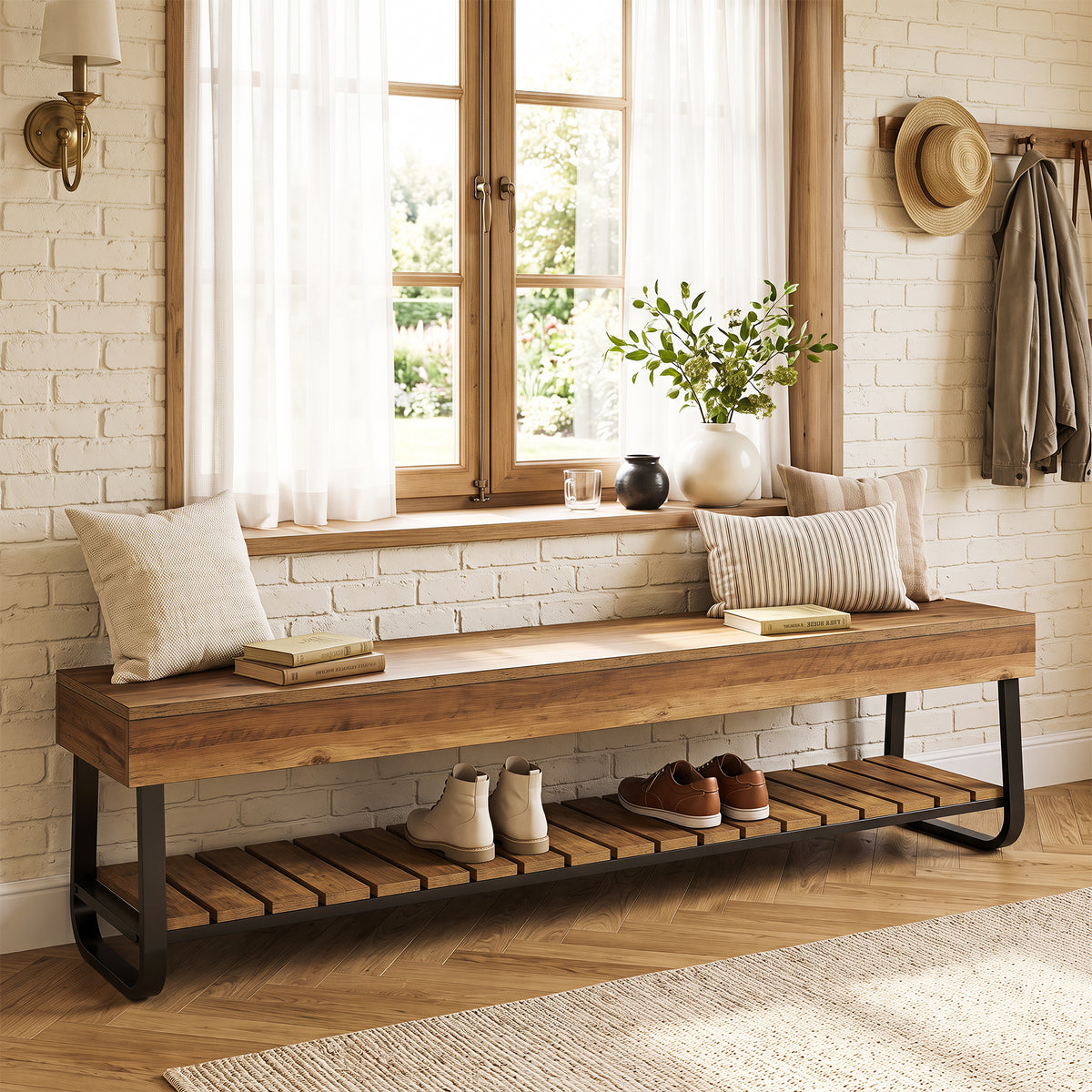 160cm Entryway Bench, Industrial Shoe Bench with Slatted Storage for 2-3